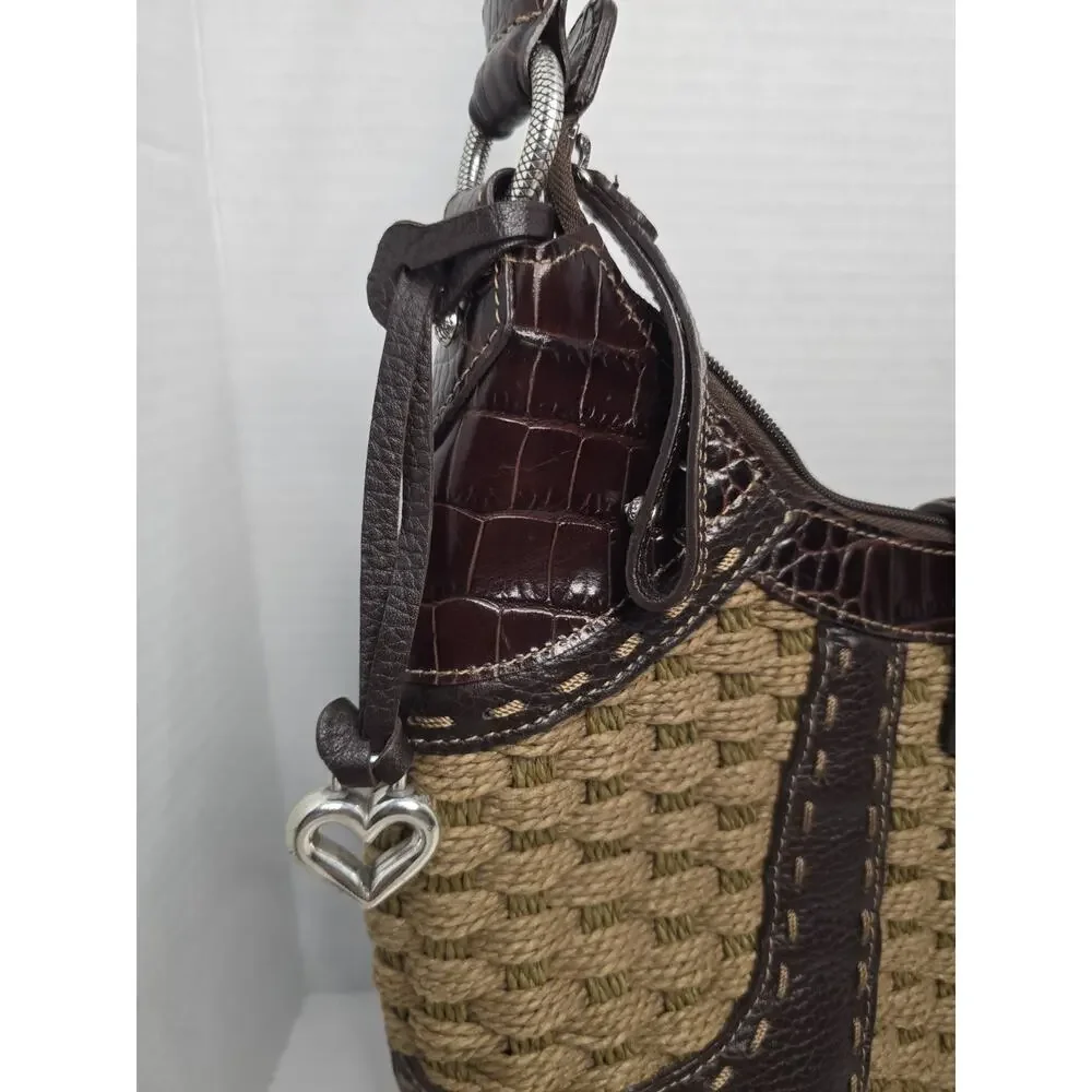 Brighton Woven Straw Brown Leather Shoulder Bag Buckle Ring Accent Key Holder